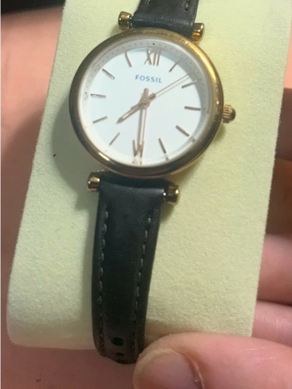 Fossil Carlie series Gold-Tone Case White Dial, blue accent fossil logo.